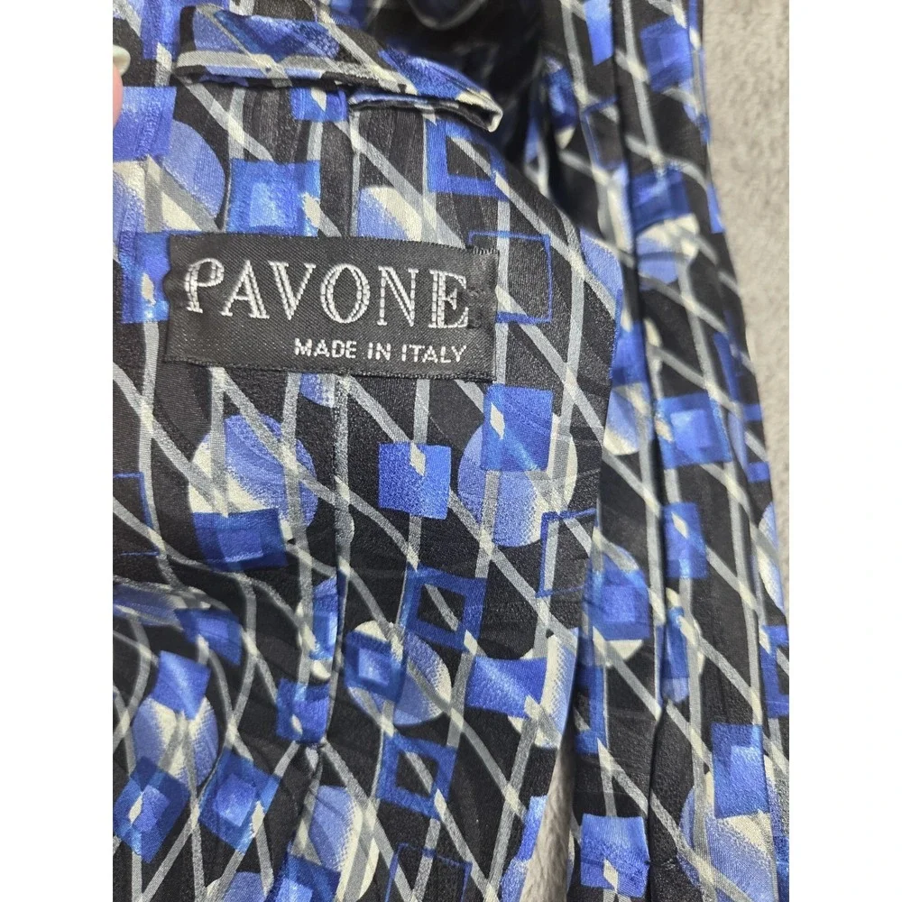 Pavone‎ Men's Neck Tie Blue Black Geometric Made In Italy Silk 3.75/60